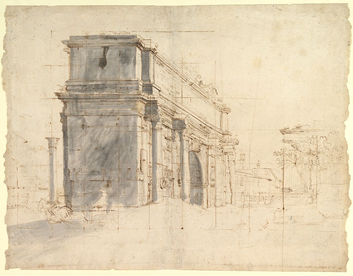 The Arch of Septimius Severus in the Roman Forum, with the Column of Phocas at the Left and the Temple of Saturn at the Right, Gaspar Adriaensz. van Wittel (Dutch, Amersfoort 1652 or 1653–1736 Rome), Pen and brown ink, brush and gray wash; squared for transfer in pen and brown ink 