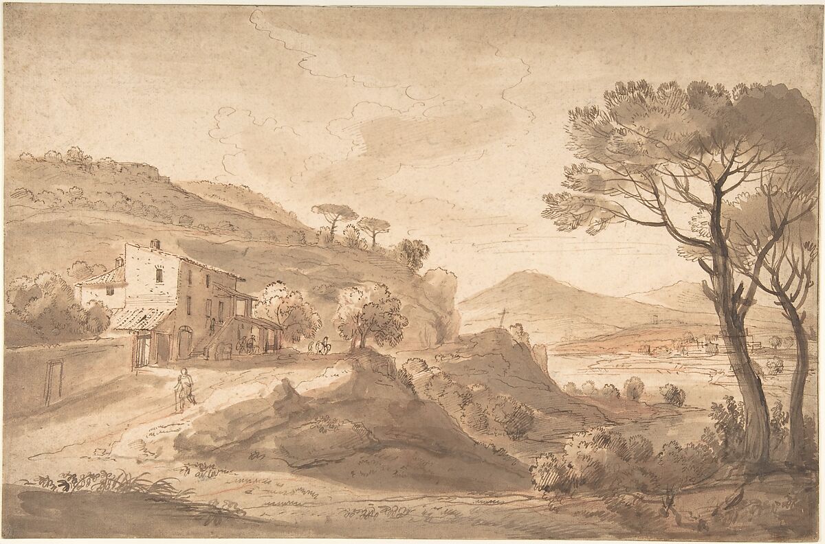 Italianate River Landscape with an Inn, Gaspar Adriaensz. van Wittel (Dutch, Amersfoort 1652 or 1653–1736 Rome), Pen and brown ink, brush and brown wash, over red chalk; traces of framing lines in pen and brown ink 
