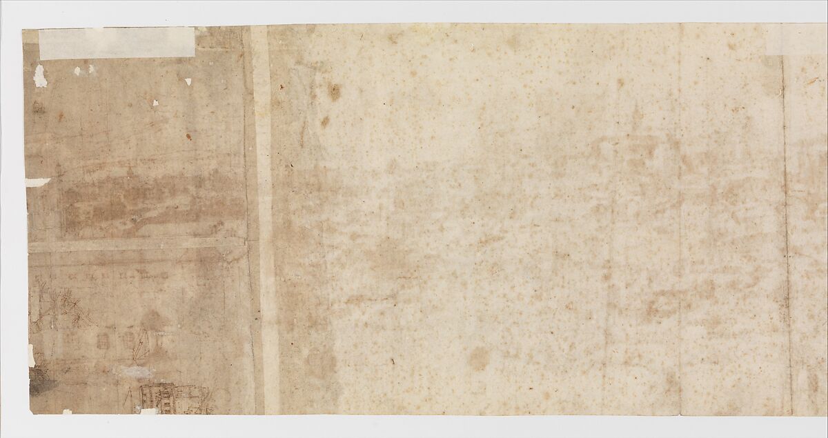 View of Rome from the Janiculum in the South-West; verso: Sketch of buildings and plants, Anthonis van den Wijngaerde (Netherlandish, Antwerp (?) 1525–1571 Madrid), Pen and brown ink, brown and blue wash, over black chalk, on three pieces of paper glued together