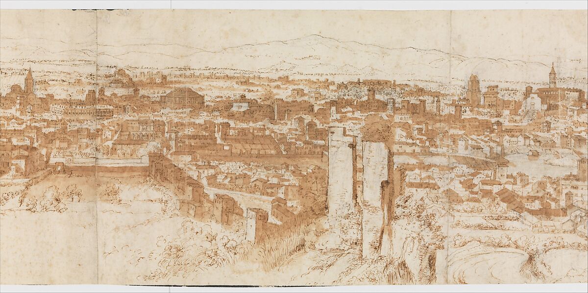 View of Rome from the Janiculum in the South-West; verso: Sketch of buildings and plants, Anthonis van den Wijngaerde (Netherlandish, Antwerp (?) 1525–1571 Madrid), Pen and brown ink, brown and blue wash, over black chalk, on three pieces of paper glued together