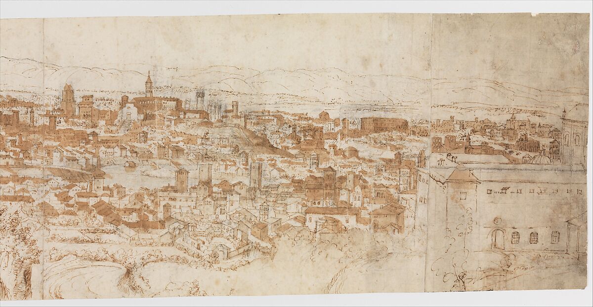 View of Rome from the Janiculum in the South-West; verso: Sketch of buildings and plants, Anthonis van den Wijngaerde (Netherlandish, Antwerp (?) 1525–1571 Madrid), Pen and brown ink, brown and blue wash, over black chalk, on three pieces of paper glued together