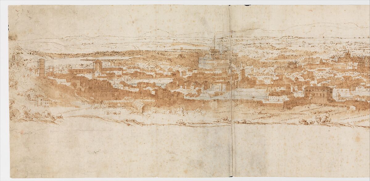 View of Rome from the Janiculum in the South-West; verso: Sketch of buildings and plants, Anthonis van den Wijngaerde (Netherlandish, Antwerp (?) 1525–1571 Madrid), Pen and brown ink, brown and blue wash, over black chalk, on three pieces of paper glued together