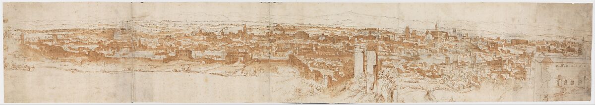 View of Rome from the Janiculum in the South-West; verso: Sketch of buildings and plants, Anthonis van den Wijngaerde (Netherlandish, Antwerp (?) 1525–1571 Madrid), Pen and brown ink, brown and blue wash, over black chalk, on three pieces of paper glued together 