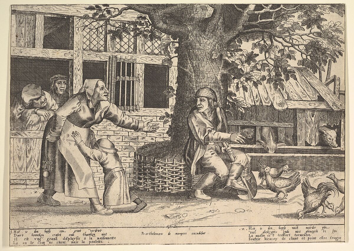 The Hen-Pecked Husband, Peeter van der Borcht (Netherlandish, Mechelen ca. 1535–1608 Antwerp), Etching 