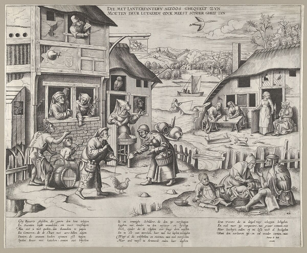 A Flemish Village with Ten Proverbs on Laziness, Frans Huys (Netherlandish, 1522–1562), Engraving 