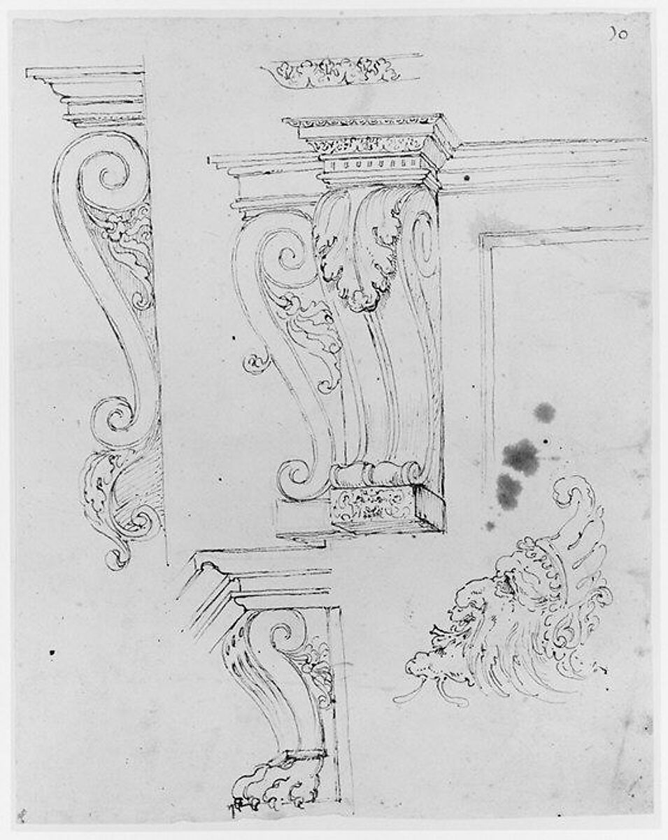 Four Studies of Consoles and a Mask, Anonymous, Italian, 16th century, Pen and ink