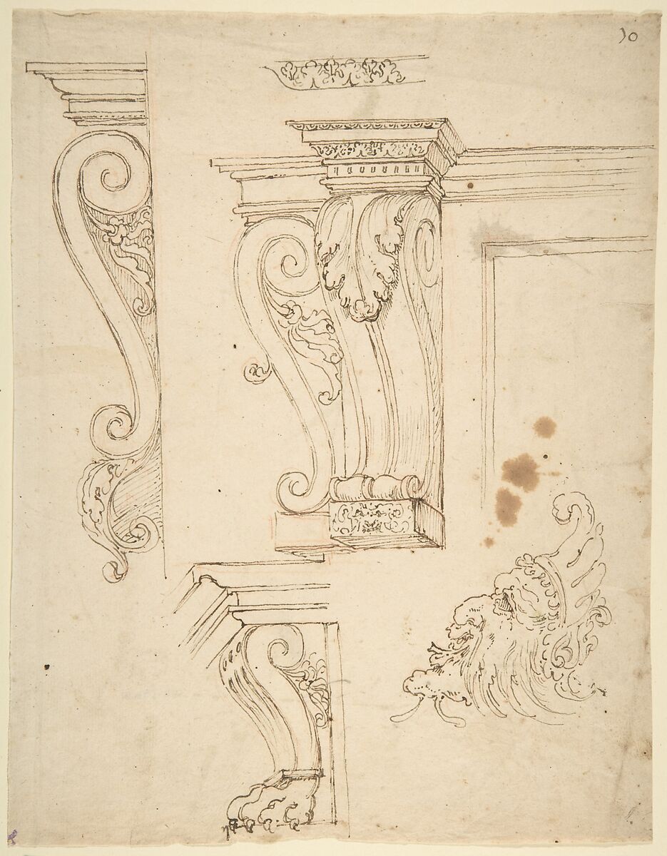 Four Studies of Consoles and a Mask, Anonymous, Italian, 16th century, Pen and ink 