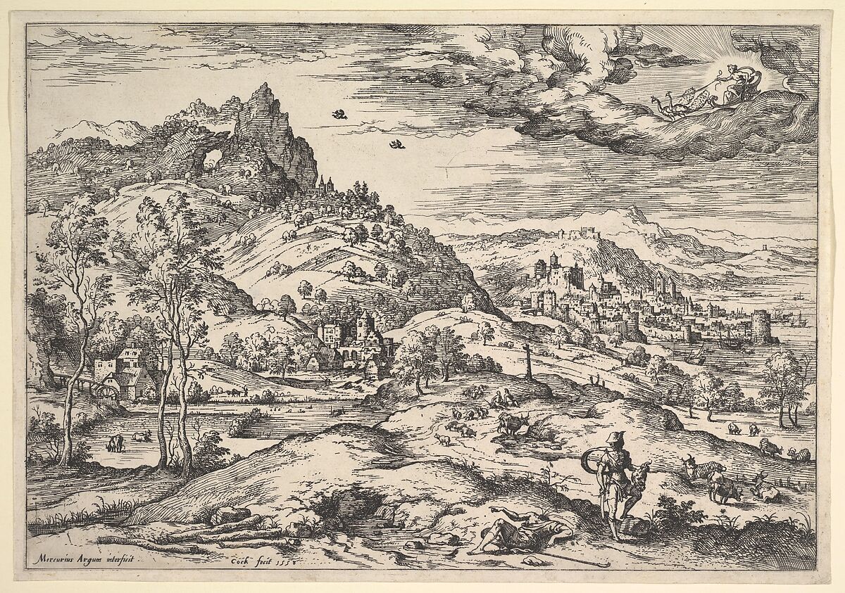 Landscape with Mercury Holding Argus's Head, Hieronymus Cock (Netherlandish, Antwerp ca. 1510–1570 Antwerp), Etching 