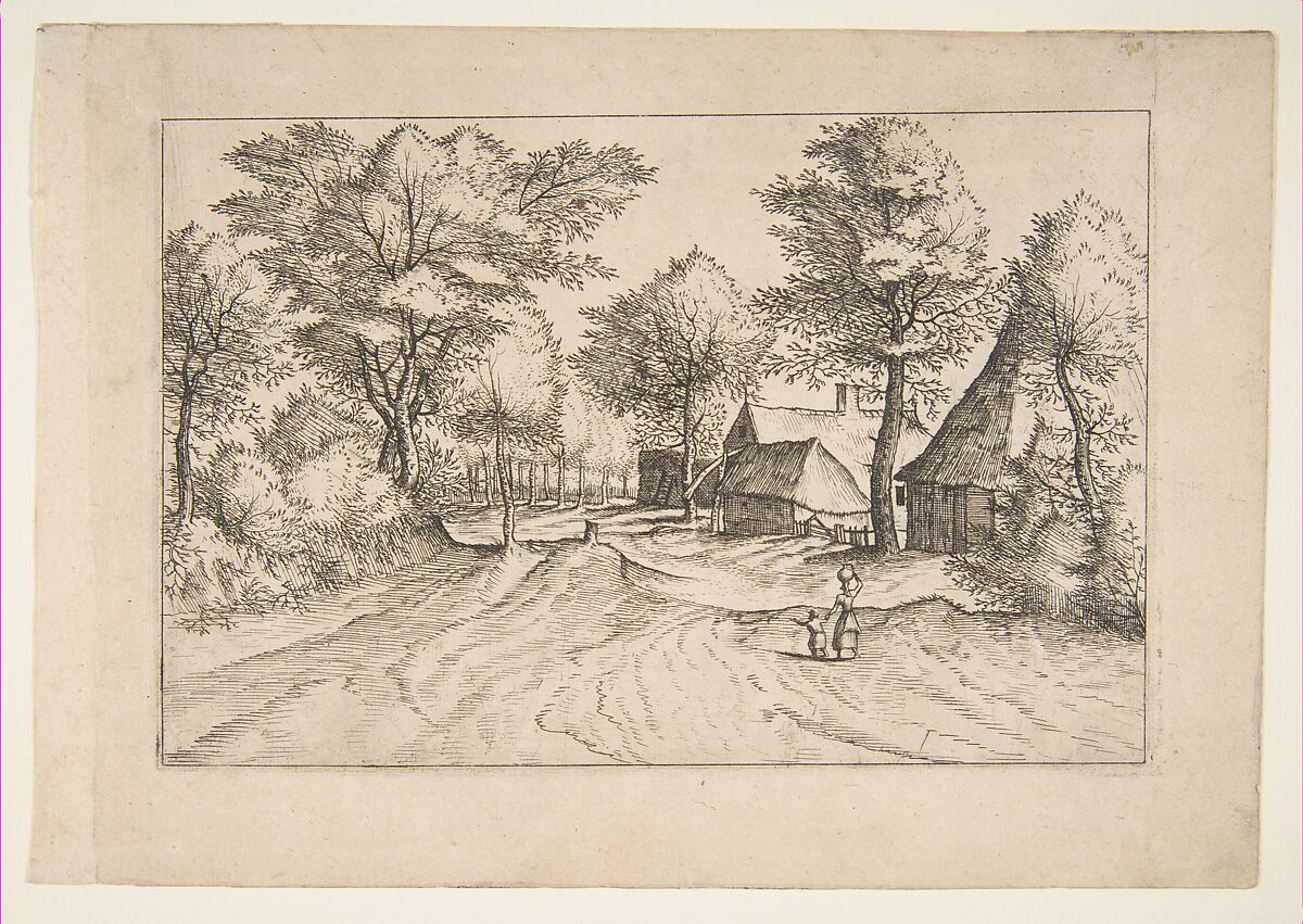 Village Road with a Farm and Sheds, from the series, The Small Landscapes (Multifariarum Casularum), Johannes van Doetecum I (Netherlandish, 1528/32–1605), Etching; first state of four 