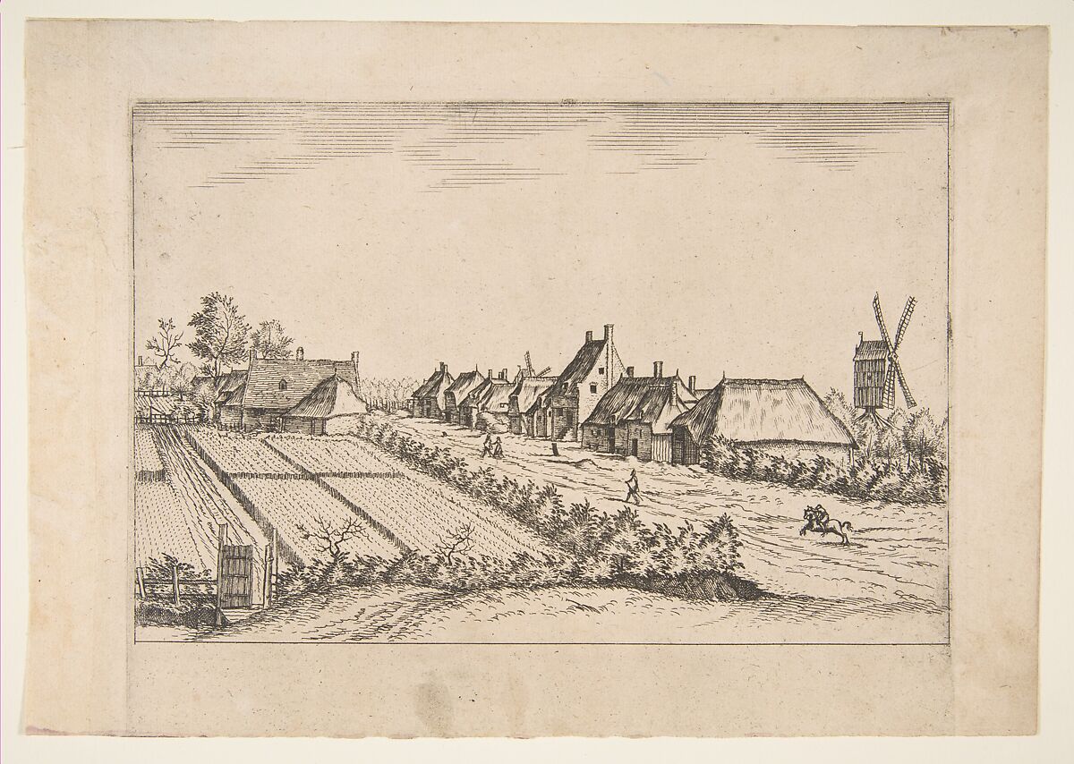 Fields with a Village Road with Post Mill, from the series The Small Landscapes (Multifariarum Casularum), Johannes van Doetecum I (Netherlandish, 1528/32–1605), Etching; first state of four 