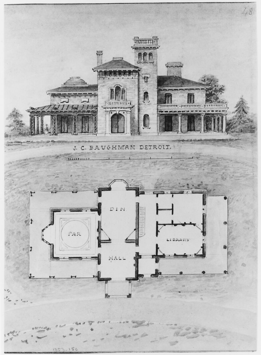 The J. C. Baughman (Scotten) House, Detroit, Michigan (front elevation and plan), Alexander Jackson Davis (American, New York 1803–1892 West Orange, New Jersey), Pen and ink and watercolor over graphite 