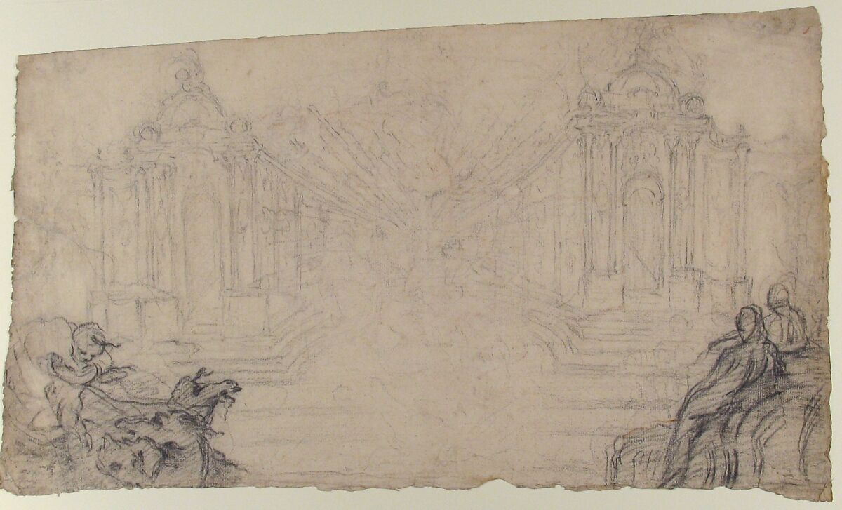 Design for a Festival Display of Fireworks (recto); Small Figures by a different hand (verso), Attributed to Laurent Hubert (French, died ca. 1780), Black chalk with touches of red chalk  (recto); red chalk and graphite (verso)