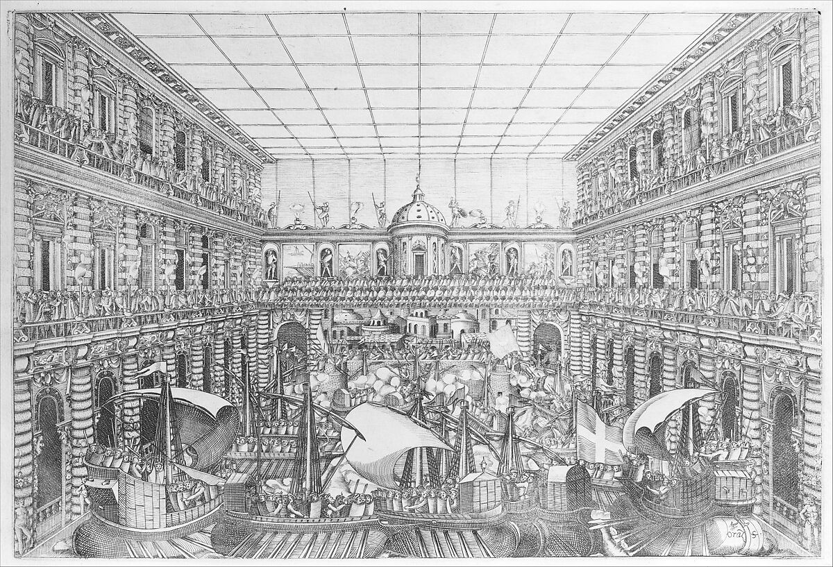 Naumachia in the Court of Palazzo Pitti, from an Album with Plates documenting the Festivities of the 1589 Wedding of Arch Duke Ferdinand I de’ Medici and Christine of Lorraine, Orazio Scarabelli (Italian, active Florence, ca. 1589), Etching 