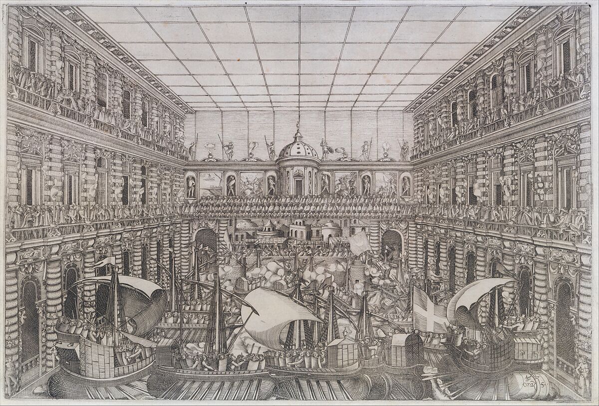 Naumachia in the Court of Palazzo Pitti, from an Album with Plates documenting the Festivities of the 1589 Wedding of Arch Duke Ferdinand I de’ Medici and Christine of Lorraine, Orazio Scarabelli (Italian, active Florence, ca. 1589), Etching