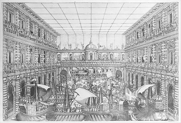 Naumachia in the Court of Palazzo Pitti, from an Album with Plates documenting the Festivities of the 1589 Wedding of Arch Duke Ferdinand I de’ Medici and Christine of Lorraine