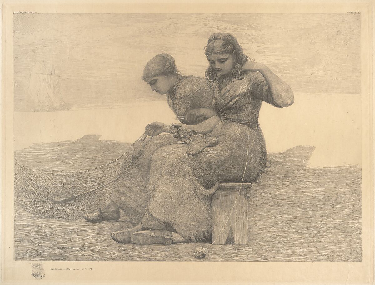 Mending the Tears, Winslow Homer (American, Boston, Massachusetts 1836–1910 Prouts Neck, Maine), Etching 
