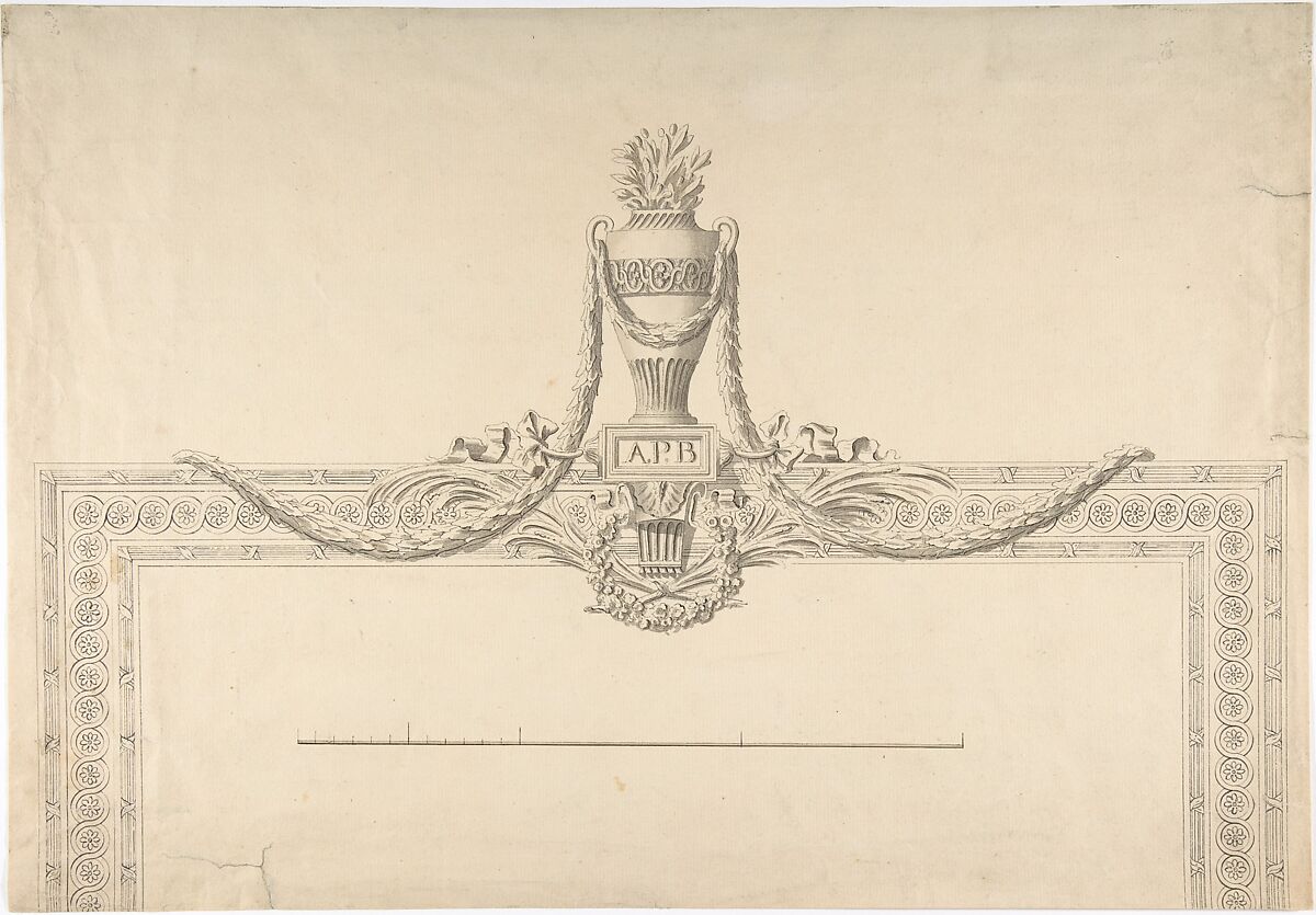 Design for Mirror Frame, Anonymous, French, 18th century, Pen and black ink, brush and gray wash. Scaled in pen and black ink and brush and brown wash. 