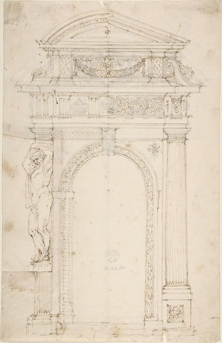 Two Alternate Designs for Triumphal Arch, Anonymous, French, 18th century, Pen and brown ink; on verso, pen and brown ink. 