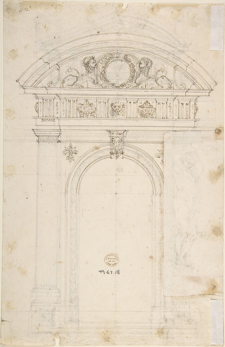Two Alternate Designs for Triumphal Arch, Anonymous, French, 18th century, Pen and brown ink; on verso, pen and brown ink.