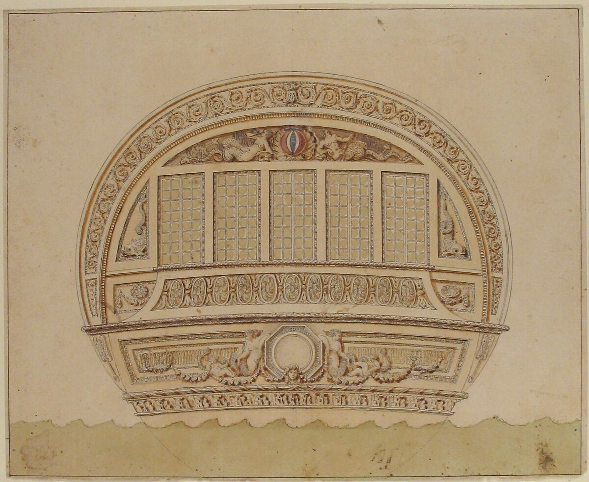 Design for Stem of a Ship, Anonymous, French, 18th century, Pen and brown ink, brush and brown wash, watercolor, and graphite; on verso, graphite.  Framing lines in pen and brown ink.