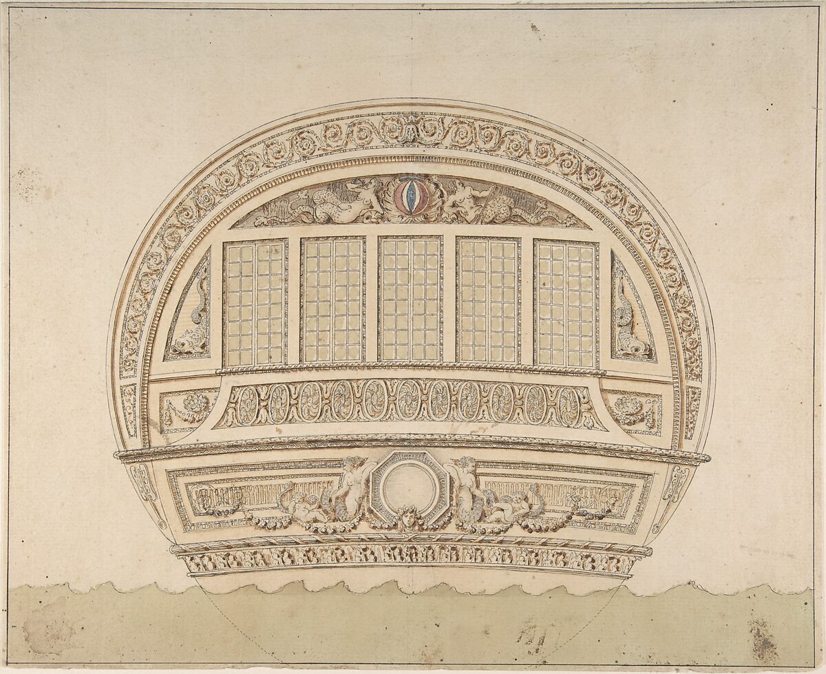 Design for Stem of a Ship, Anonymous, French, 18th century, Pen and brown ink, brush and brown wash, watercolor, and graphite; on verso, graphite.  Framing lines in pen and brown ink. 