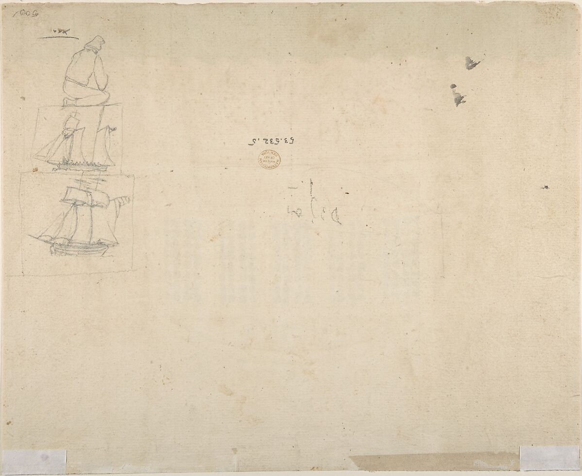 Design for Stem of a Ship, Anonymous, French, 18th century, Pen and brown ink, brush and brown wash, watercolor, and graphite; on verso, graphite.  Framing lines in pen and brown ink.