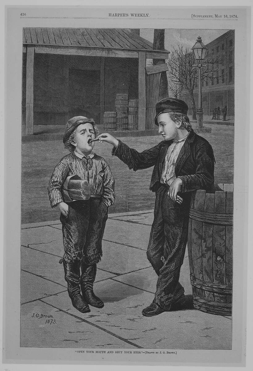 Open Your Mouth and Shut Your Eyes (from "Harper's Weekly"), After John George Brown (American (born England), Durham 1831–1913 New York), Wood engraving 