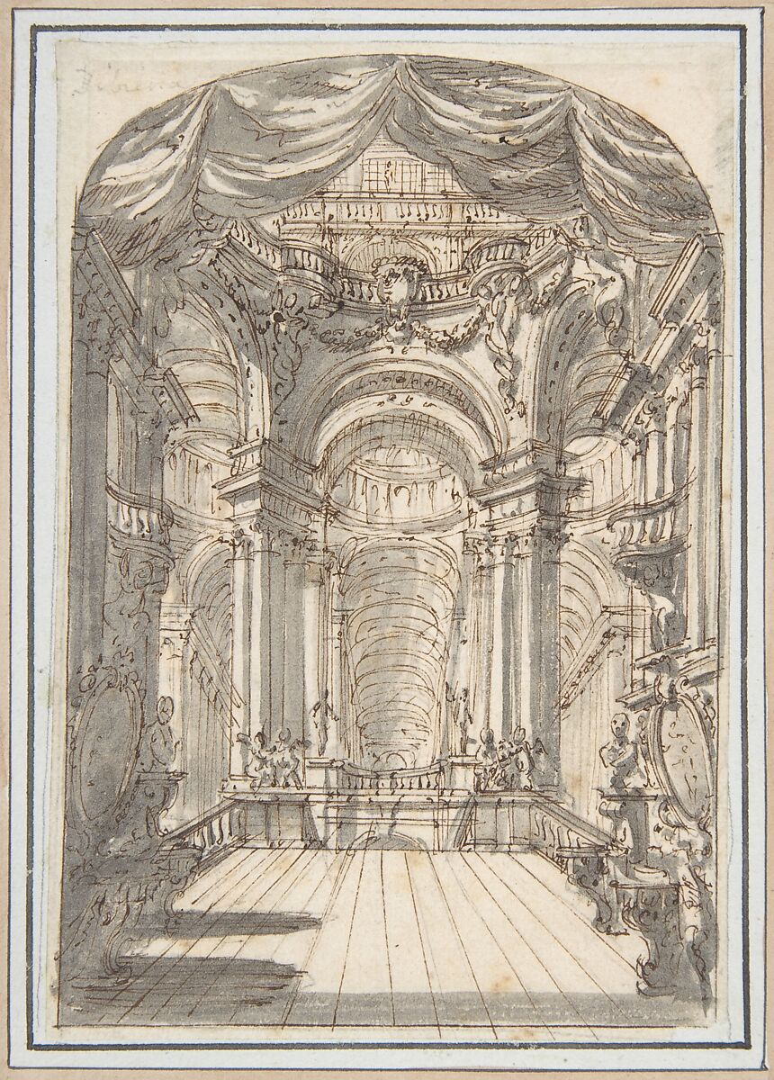 Perspectival Sketch for a Palace Interior, Giuseppe Galli Bibiena (Italian, Parma 1696–1756 Berlin), Pen and brown ink, brush and gray wash, over traces of graphite; framing outlines in pen and black ink, brush and light pink wash 