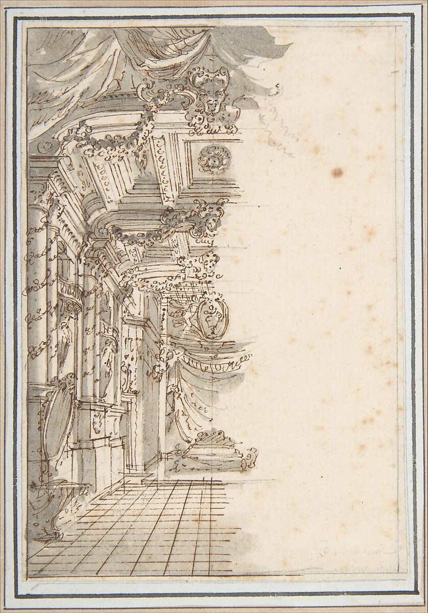 Perspective Sketch for a Palace Interior, Giuseppe Galli Bibiena (Italian, Parma 1696–1756 Berlin), Pen and brown ink, brush and gray wash, over traces of graphite; framing outlines in pen and black ink, brush and light pink wash. 