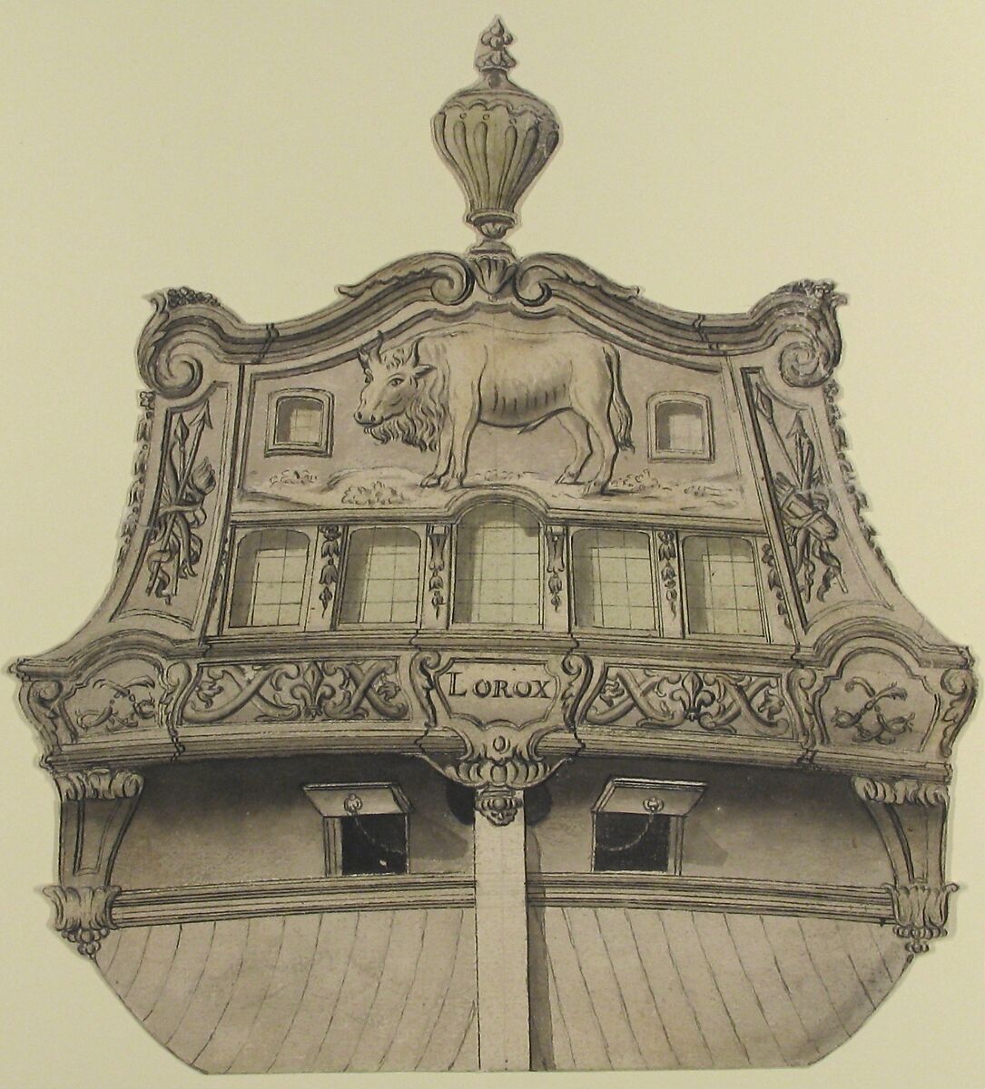 Design for Stern of the Boat "Lorox", Anonymous, French, 18th century, Pen and black and gray ink, brush and black and gray wash