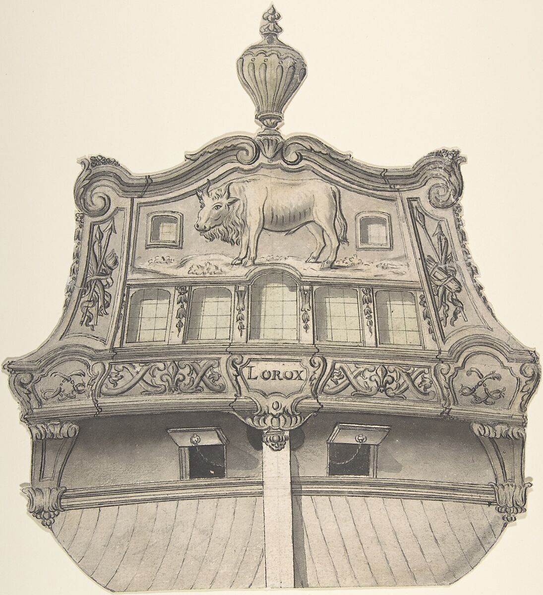 Design for Stern of the Boat "Lorox", Anonymous, French, 18th century, Pen and black and gray ink, brush and black and gray wash 