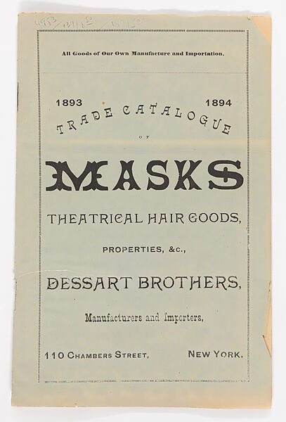 Trade Catalogue of Masks, Theatrical Hair Goods, Properties, &c., Dessart Brothers (American, established 1871), Illustrations: wood engraving 