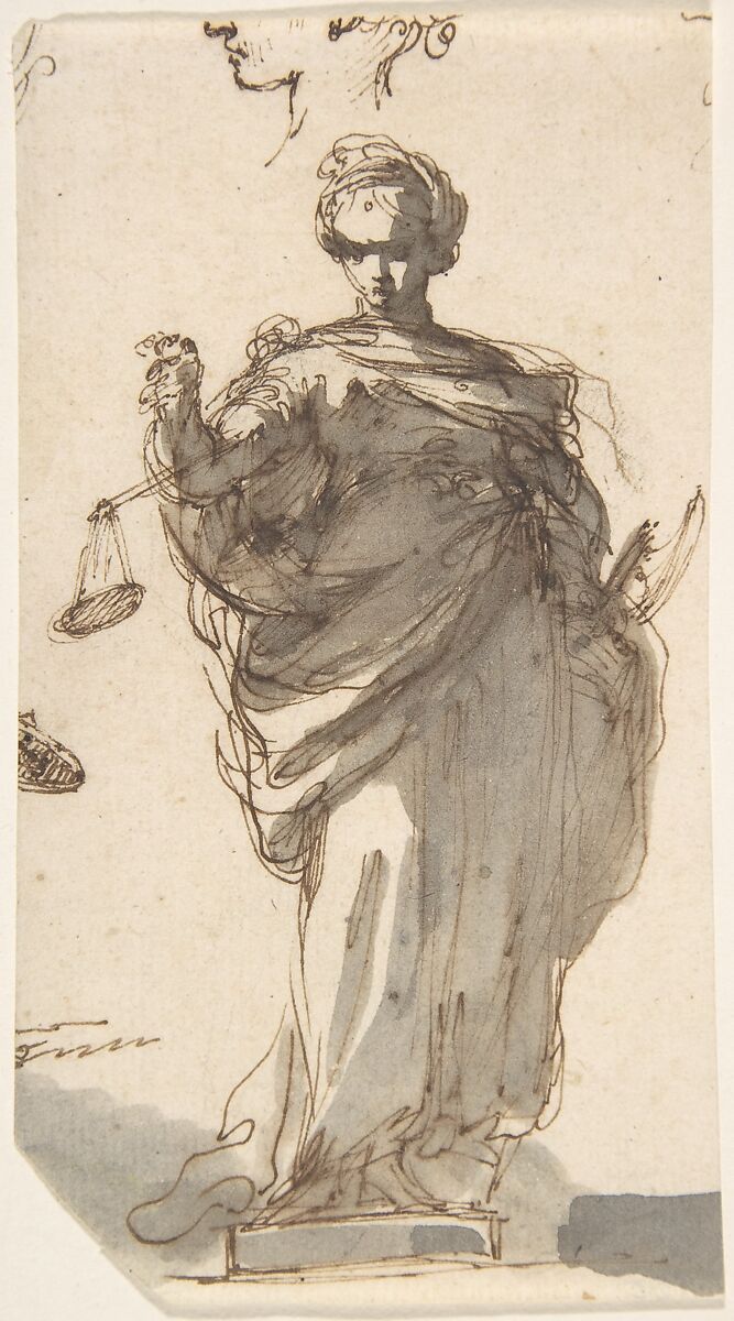Design for a Statue of Justice with Sketches at Left and Above, After Giuseppe Bernardino Bison (Italian, Palmanova 1762–1844 Milan), Pen and brown ink, brush and gray wash over traces of black chalk or graphite 