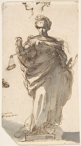 Design for a Statue of Justice with Sketches at Left and Above