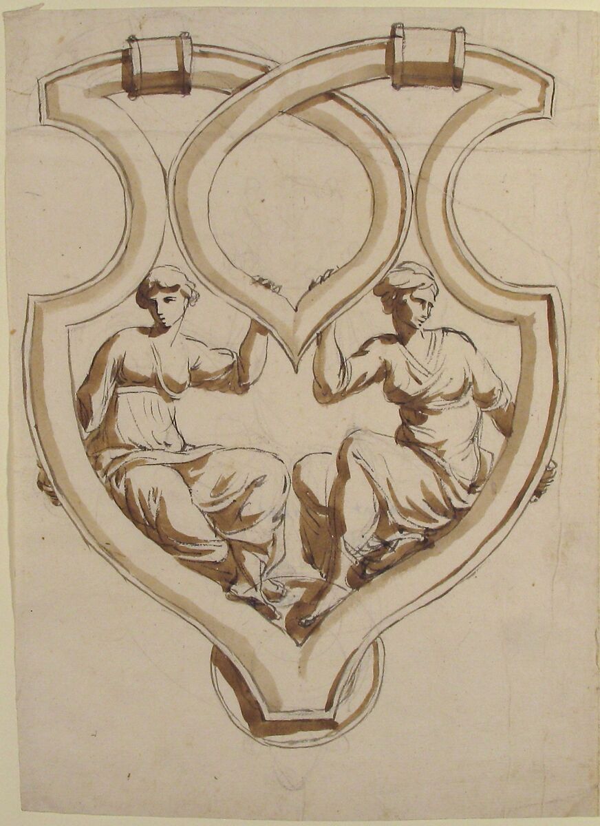 Two Female Figures in Interlaced Cartouche Design for Door Knocker, Anonymous, French, 19th century, Graphite, brush and brown wash