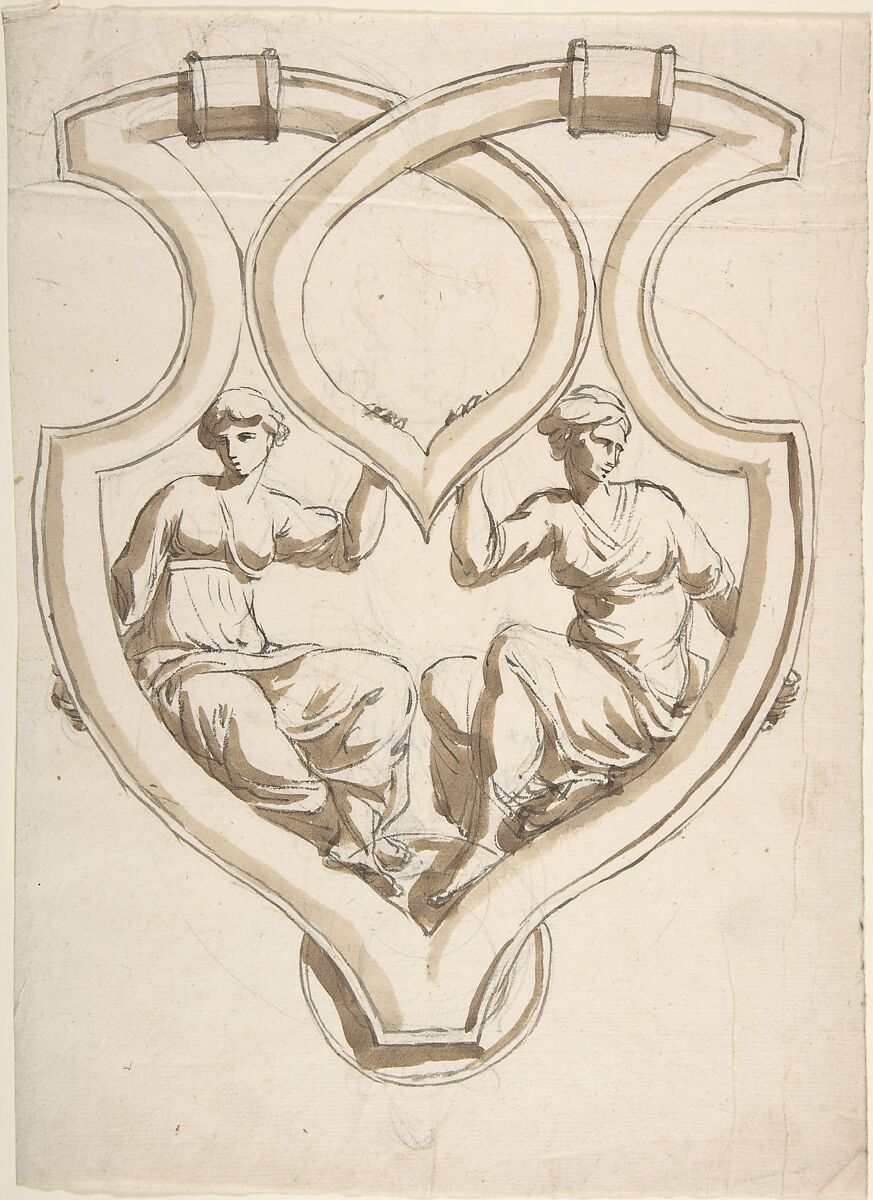 Two Female Figures in Interlaced Cartouche Design for Door Knocker, Anonymous, French, 19th century, Graphite, brush and brown wash 
