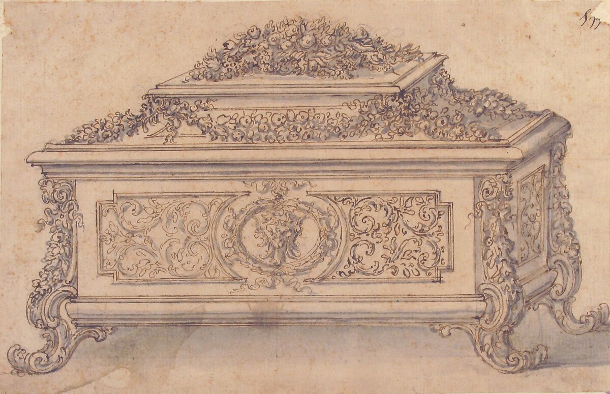 Design for an Casket heavily decorated Foliate Scrolls, Garlands and a Satyr Mask, Giovanni Battista Foggini (Italian, Florence 1652–1725 Florence), Pen and brown ink, brush and gray wash over graphite