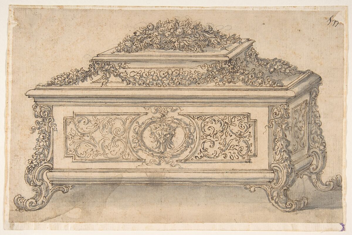 Design for an Casket heavily decorated Foliate Scrolls, Garlands and a Satyr Mask, Giovanni Battista Foggini (Italian, Florence 1652–1725 Florence), Pen and brown ink, brush and gray wash over traces of graphite 