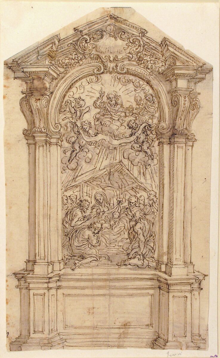 Design for an Altar with a Painting of the Adoration of the Shepherds and God the Father Above, Giovanni Battista Foggini (Italian, Florence 1652–1725 Florence), Pen and brown ink, brush and gray wash over graphite