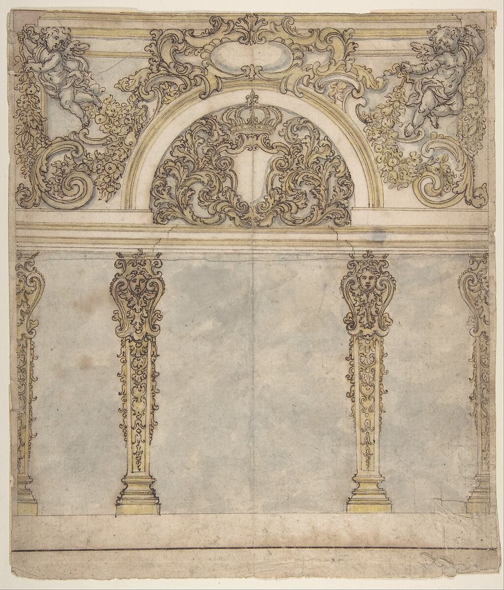 Design for an Alcove with a Coat of Arms Flanked by Putti Bearing a Crown, Supported by Pilasters with Human Heads in Capitals, Giovanni Battista Foggini (Italian, Florence 1652–1725 Florence), Pen and brown ink, brush and gray, brown-pink and yellow wash over traces of graphite; framing lines at lower edge in pen and brown ink 