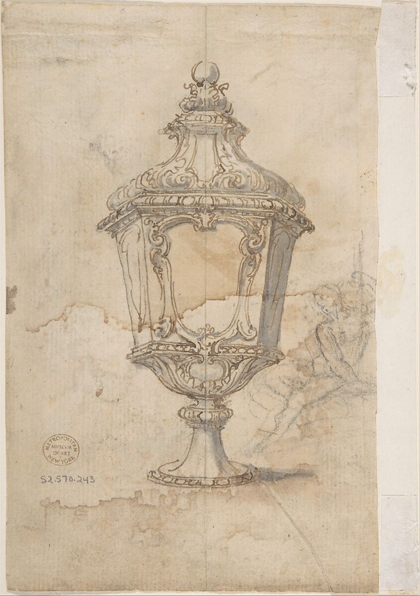 Sheet with sketches and designs for two vases, three classical heads en profil and two slave figures (recto); Design for a Vase and a Nude Male Figure (verso), Giovanni Battista Foggini (Italian, Florence 1652–1725 Florence), Pen and brown ink, brush and gray wash over black chalk (recto); pen and brown ink, brush and gray wash, black chalk (verso)