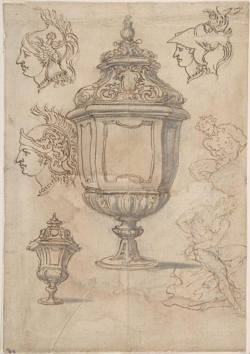 Sheet with sketches and designs for two vases, three classical heads en profil and two slave figures (recto); Design for a Vase and a Nude Male Figure (verso), Giovanni Battista Foggini (Italian, Florence 1652–1725 Florence), Pen and brown ink, brush and gray wash over traces of black chalk. Verso: pen and brown ink, brush and gray wash, black chalk 