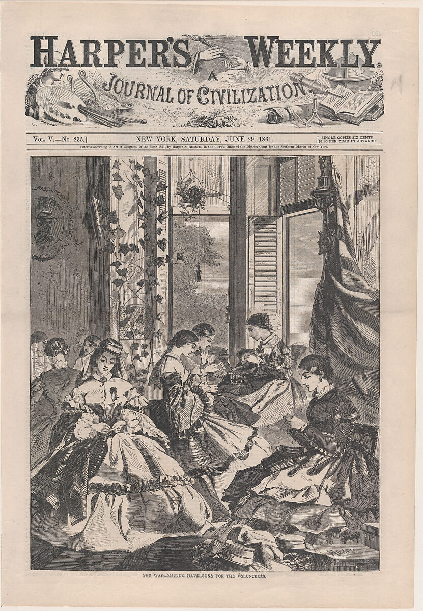 The War – Making Havelocks for the Volunteers (from "Harper's Weekly," Vol. 5, no. 235, cover), After Winslow Homer (American, Boston, Massachusetts 1836–1910 Prouts Neck, Maine), Wood engraving