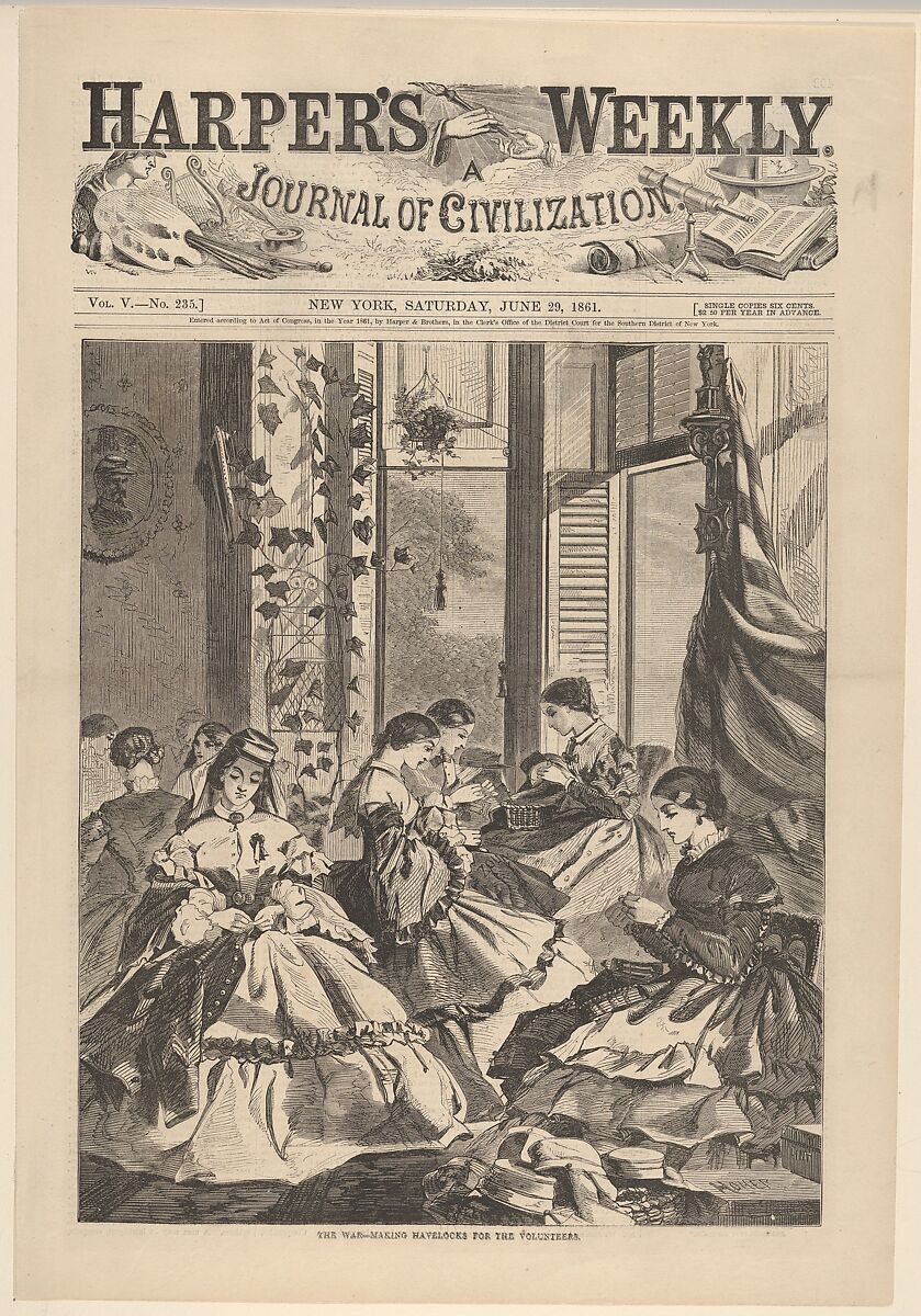 The War – Making Havelocks for the Volunteers (from "Harper's Weekly," Vol. 5, no. 235, cover), After Winslow Homer (American, Boston, Massachusetts 1836–1910 Prouts Neck, Maine), Wood engraving 