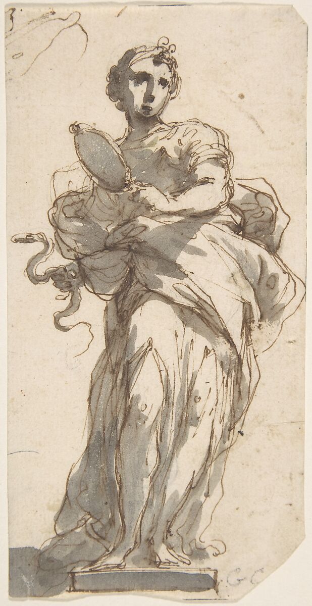 Design for a Statue of Prudence with Sketches at Upper Left Corner, Giuseppe Bernardino Bison (Italian, Palmanova 1762–1844 Milan), Pen and brown ink, brush and gray wash over traces of black chalk 