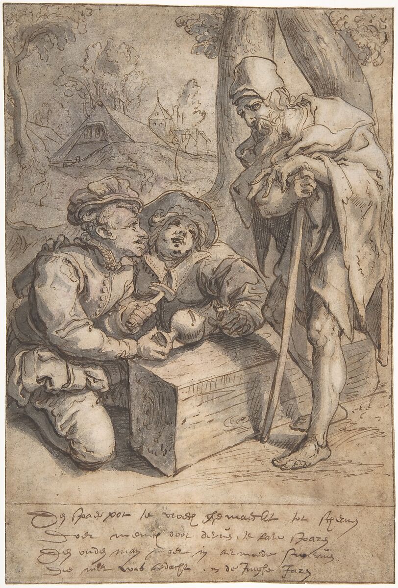 A Proverb: Wealth and Poverty, Karel van Mander I (Netherlandish, Meulebeke 1548–1606 Amsterdam), Pen and brown ink, gray wash, heightened with white, on beige paper. 