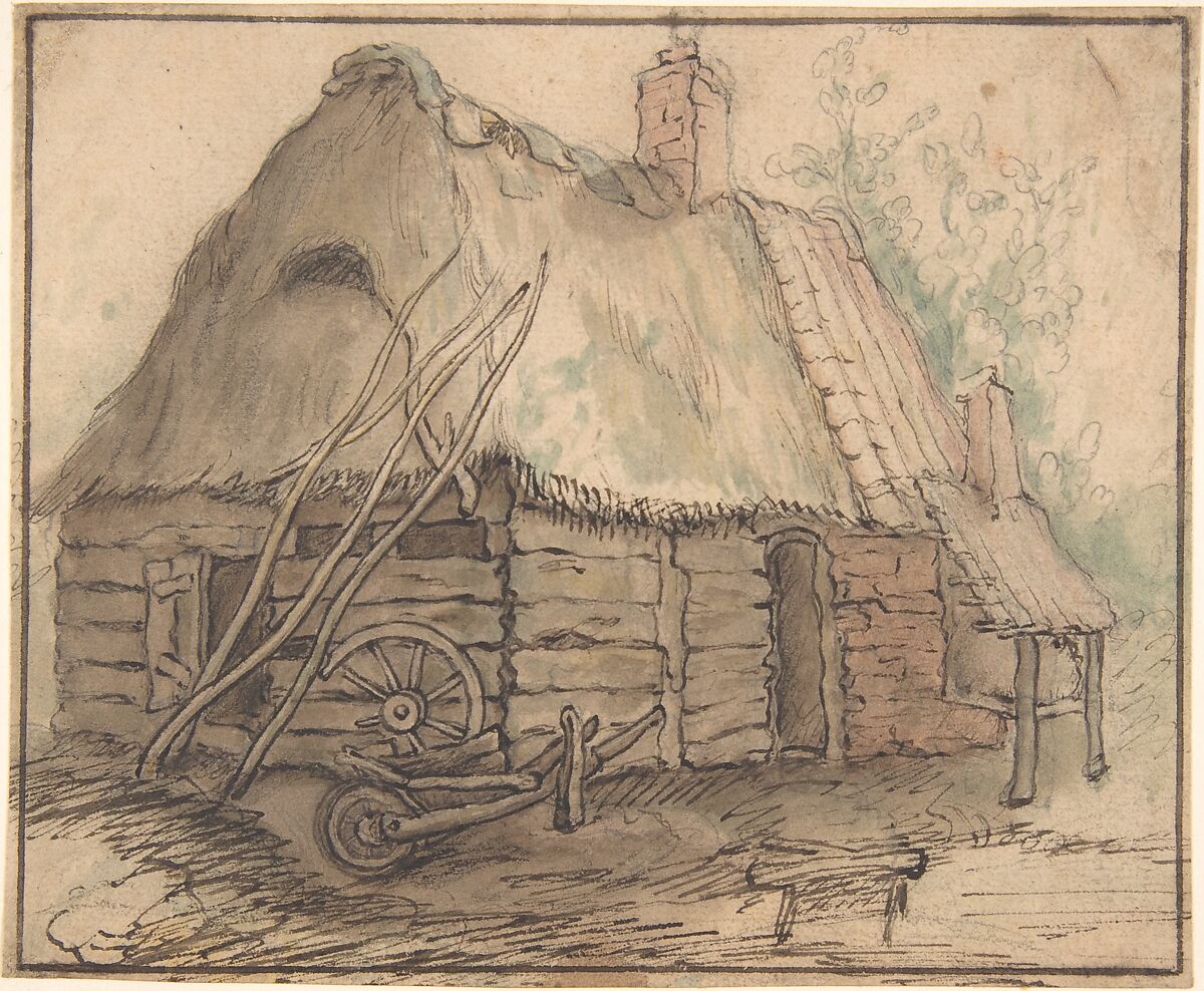 A Farm Building; verso: Head of a Woman and Slight Sketch of Woman Holding a Child, In the manner of Abraham Bloemaert (Netherlandish, Gorinchem 1566–1651 Utrecht), Pen and brown ink, watercolour, over black chalk; framing lines in pen and brown ink; verso: red chalk 