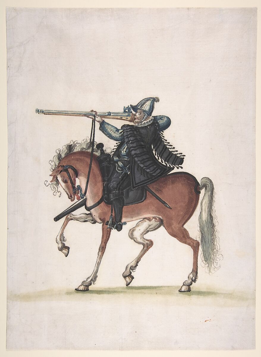 Drawing of a Mounted Arquebusier (Soldier on Horseback), Water color, paper, Austrian 