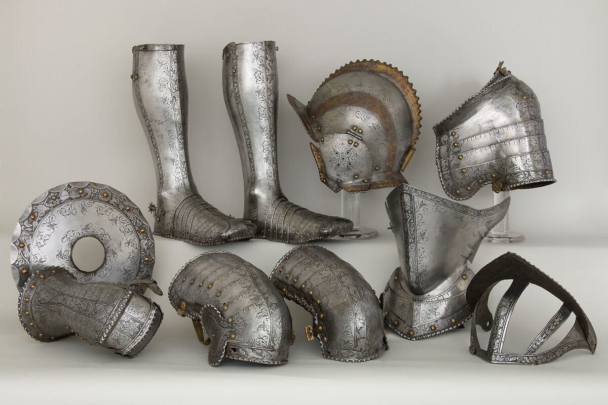 Elements of an Armor Garniture, Steel, brass, leather, German, Augsburg 