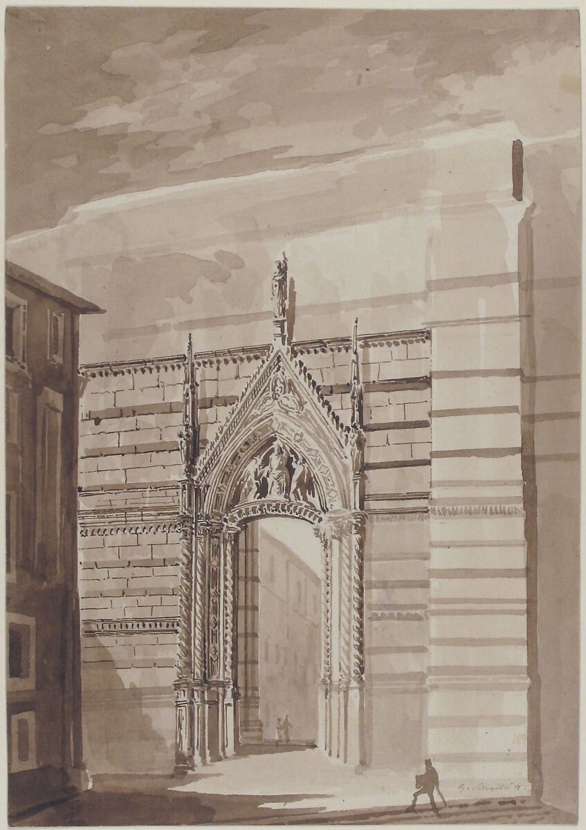 View of the Entrance to the Piazza del Duomo from the Piazza San Giovanni in Siena, Giovanni Battista Silvestri (Italian, Florence, 1796–1873), Pen and brown ink, brush and brown wash, over black chalk (or graphite)